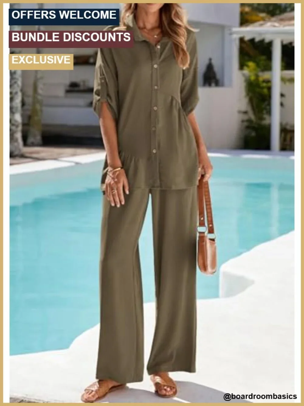 Two Piece Pants Set for Women Dressy Casual Button Down Shirt Wide Leg Palazzo